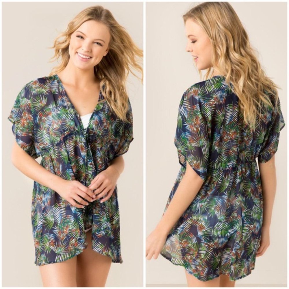 SWIM Maui Palms Kimono Tie-Front Swim Cover-Up Francesca's | Swimsuit Be… - Picture 6 of 6